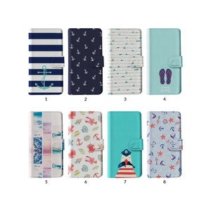 Étui portefeuille avec porte-cartes pour iPhone 15 14 13 12 11 Samsung S20 S10 Anchor Sea Beach Marine Blue Summer Bord de mer