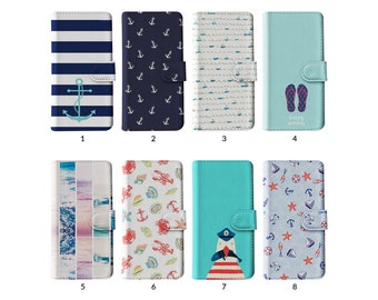 Wallet Flip Phone Case with Card Holder for iPhone 15 14 13 12 11 Samsung S20 S10 Anchor Sea Beach Marine Blue Summer Seaside