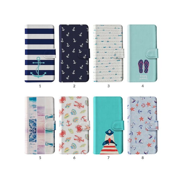 Wallet Flip Phone Case with Card Holder for iPhone 15 14 13 12 11 Samsung S20 S10 Anchor Sea Beach Marine Blue Summer Seaside