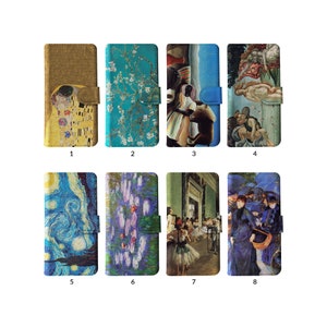 Funda tipo cartera con tarjetero para iPhone 15, 14, 13, 12 y 11, Samsung S20 y S10, obras de arte clásicas de Van Gogh, Klimt, Monet, Degas y Renoir.
