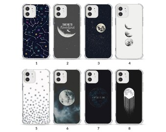 Phone Case Shockproof Soft Clear Cover for iPhone 15 14 13 12 11 XS XR SE 7 8 6S 5 Stars Full Moon Phases Constellations Spce Starry Sky