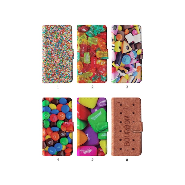 Étui portefeuille à rabat avec porte-cartes pour iPhone 15 14 13 12 11 XR 8 SE Samsung S20 S10 S9 S8 Bonbons colorés Snacks Boutique de bonbons