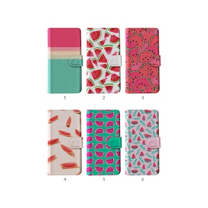 Capa tipo carteira com flip e porta-cartões para iPhone 15, 14, 13, 12, 11 XR 8 SE, Samsung S20, S10, S9, S8, estampa de melancia colorida e frutas tropicais