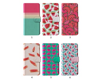 Wallet Flip Phone Case with Card Holder for iPhone 15 14 13 12 11 XR 8 SE Samsung S20 S10 S9 S8 Colourful Watermelon Tropical Fruit Pattern