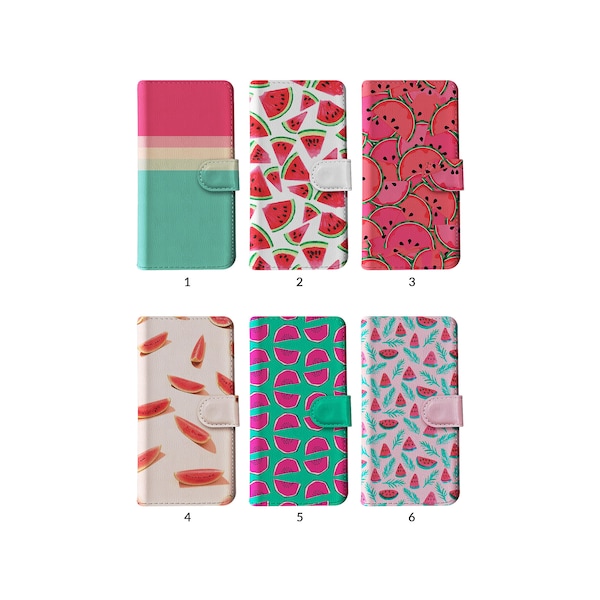 Wallet Flip Phone Case with Card Holder for iPhone 15 14 13 12 11 XR 8 SE Samsung S20 S10 S9 S8 Colourful Watermelon Tropical Fruit Pattern