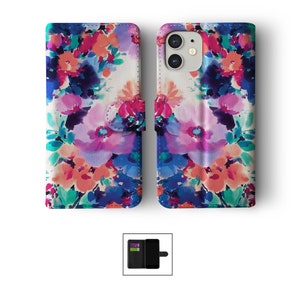 Étui portefeuille à rabat avec porte-cartes pour iPhone 15 14 13 12 11 Samsung S20 S10 S9 Floral fleurs colorées rose coquelicot aquarelle fleur 05
