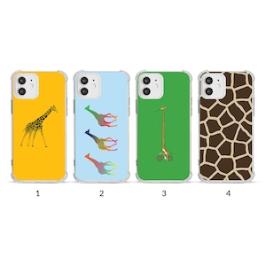 May include: Four phone cases with giraffe designs. The first case is yellow with a black giraffe. The second case is light blue with three colorful giraffes. The third case is green with a giraffe on a bicycle. The fourth case has a brown giraffe pattern.