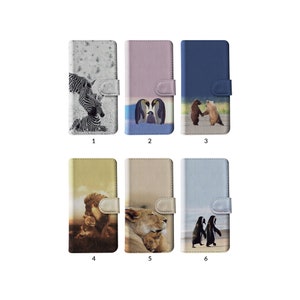 Funda tipo cartera con tarjetero para iPhone 15, 14, 13, 12, 11, XR, 8, SE, Samsung S20, S10, S9, S8, diseño de animales salvajes, amor, mamá, león, cebra, pingüino, oso