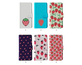 Wallet Flip Phone Case with Card Holder for iPhone 15 14 13 12 11 XR 8 SE Samsung S20 S10 S9 S8 Strawberry Red Fruit Berry Summer Pattern