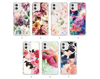 Phone Case Shockproof Soft Clear Cover for iPhone 14 13 12 11 XS XR SE 7 8 Floral Vintage Wild Flowers Watercolour Roses Pink Poppy Clourful