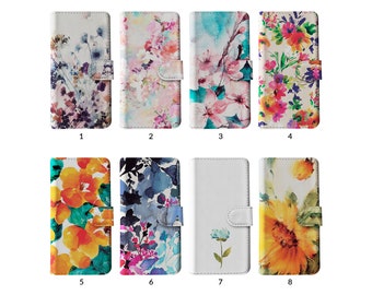 Wallet Flip Phone Case with Card Holder for iPhone 15 14 13 11 Samsung S20 S10 Colourful Flowers Watercolour Cherry Blossoms Sunflowers