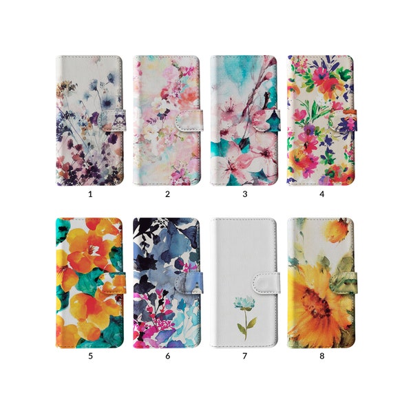 Wallet Flip Phone Case with Card Holder for iPhone 15 14 13 11 Samsung S20 S10 Colourful Flowers Watercolour Cherry Blossoms Sunflowers