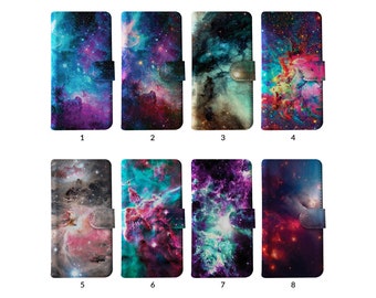 Étui portefeuille avec porte-cartes pour iPhone 15 14 13 12 11 Samsung S20 S10 S9 étoiles espace nébuleuse colorée Galaxy Cosmos