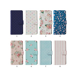 Funda tipo cartera con tarjetero para iPhone 15, 14, 13, 12 y 11, Samsung S20, S10 y S9, estilo shabby chic, con estampado floral, lunares, rosas inglesas vintage y rayas.