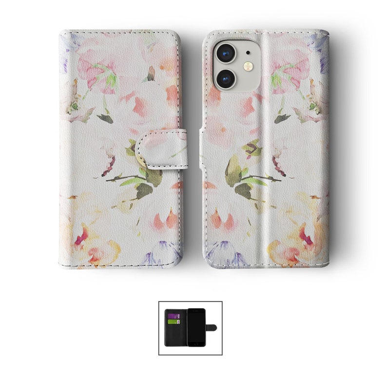 Étui portefeuille à rabat avec porte-cartes pour iPhone 15 14 13 12 11 Samsung S20 S10 S9 Floral fleurs colorées rose coquelicot aquarelle fleur 04