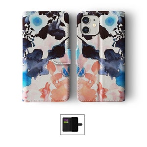 Étui portefeuille à rabat avec porte-cartes pour iPhone 15 14 13 12 11 Samsung S20 S10 S9 Floral fleurs colorées rose coquelicot aquarelle fleur 08