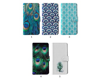 Wallet Flip Phone Case with Card Holder for iPhone 15 14 13 12 11 Samsung S20 S10 S9 S8 Aesthetic Peacock Feathers Colourful Bird Feather