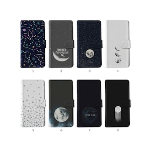 Funda tipo cartera con tarjetero para iPhone 15, 14, 13, 12, 11 SE, Samsung S20, S10, S9, estrellas, fases de luna llena, constelaciones, espacio y cielo