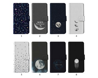 Portemonnee flip telefoonhoes met kaarthouder voor iPhone 15 14 13 12 11 SE Samsung S20 S10 S9 Sterren Volle maanfasen Sterrenbeelden Spce Hemel