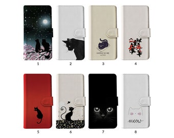 Étui portefeuille à rabat avec porte-cartes pour iPhone 15 14 13 12 11 Samsung S20 S10 chat noir chaton mignon chaton ciel étoilé chats espiègles