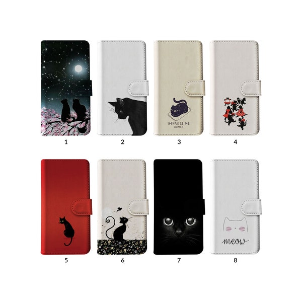 Flip Wallet Phone Case mit Kartenhalter für iPhone 15 14 13 12 11 Samsung S20 S10 schwarze Katze Cute Kitten Kitty Sternenhimmel Verspielte Katzen