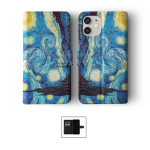 Étui portefeuille avec porte-cartes pour iPhone 15 14 13 12 11 Samsung S20 S10 Oeuvre d'art classique peinture Van Gogh Klimt Monet Degas Renoir 05