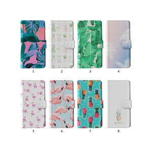 Funda tipo cartera con tarjetero para iPhone 15, 14, 13, 12 y 11, Samsung S20 y S10, diseño tropical de flamencos y palmeras de verano.