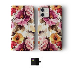 Étui portefeuille à rabat avec porte-cartes pour iPhone 15 14 13 12 11 Samsung S20 S10 S9 Floral fleurs colorées rose coquelicot aquarelle fleur 03