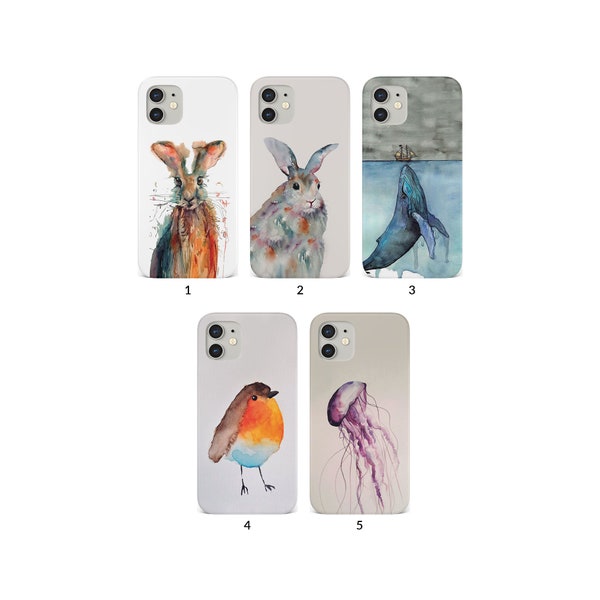 Phone Case for iPhone 14 13 12 11 XS XR SE 7 8 6S 5 Samsung S20 S10 S9 Hard Cover Wild Animals Bird Rabbit Whale Jellyfish Robin Watercolour