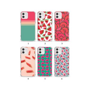 May include: Six iPhone cases showcasing watermelon designs. The cases display a range of colours, including pink, red, green, and teal. Designs feature watermelon slices, whole watermelons, and abstract patterns, all within clear protective cases.