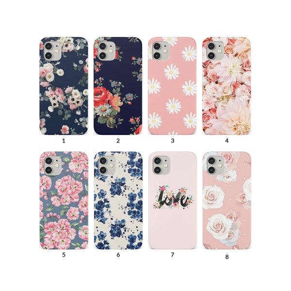 Coque de portable pour iPhone 14 13 12 11 XS XR SE 7 8 6S 5 Samsung S20 S10 S8 Coque rigide florale Rose marguerite vintage Fleurs bleues bouquets de fleurs