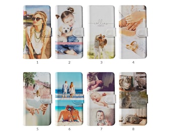 May include: Eight phone cases with custom photo prints. The cases display images of people, pets, and couples, some with text. Each case has a white magnetic clasp for closure.