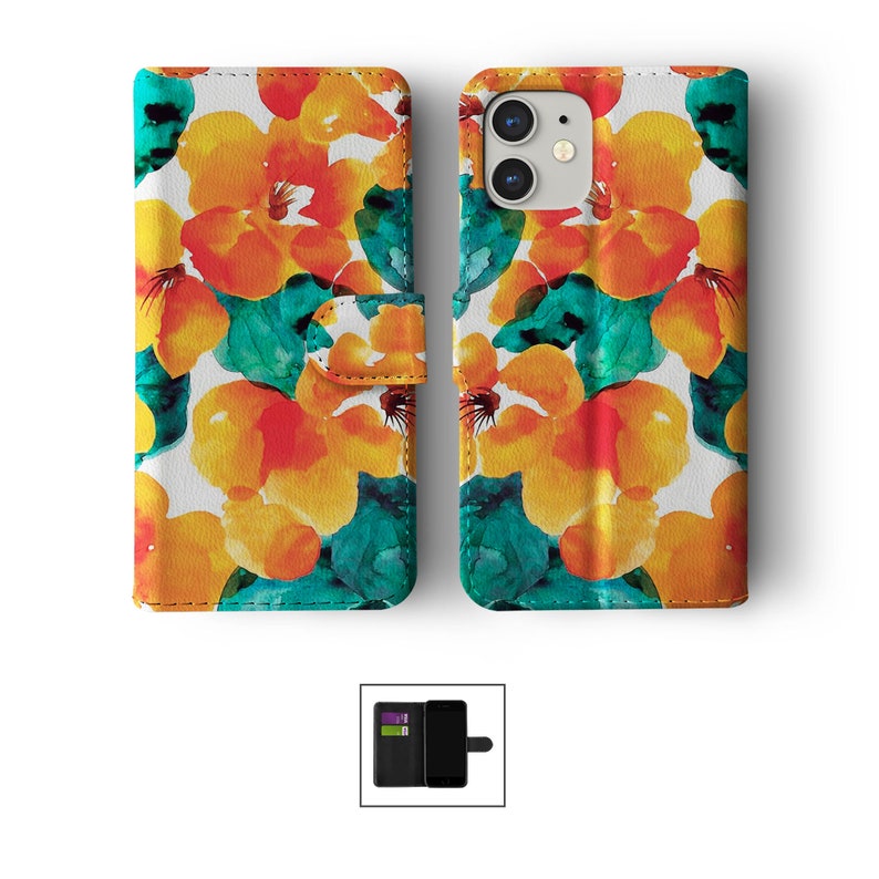 Étui portefeuille pour téléphone à rabat avec porte-cartes pour iPhone 15 14 13 11 Samsung S20 S10 fleurs colorées aquarelle fleurs de cerisier tournesols image 6