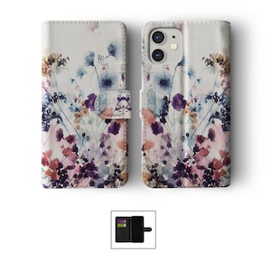 Étui portefeuille pour téléphone à rabat avec porte-cartes pour iPhone 15 14 13 11 Samsung S20 S10 fleurs colorées aquarelle fleurs de cerisier tournesols 01