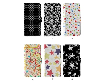 Wallet Flip Phone Case with Card Holder for iPhone 15 14  13 12 11 XR 8 SE Samsung S20 S10 S9 S8 Colourful Black and White Twinkling Stars