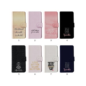 Funda tipo cartera con tarjetero para iPhone 15, 14, 13, 12, 11, XR, 8, SE, Samsung S20, S10, S9, S8, con frases inspiradoras y motivadoras.