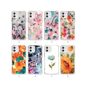 May include: Eight clear phone cases with floral designs. The cases feature various watercolour-style flower patterns in shades of purple, pink, orange, blue, and yellow. Each case has a clear protective bumper.