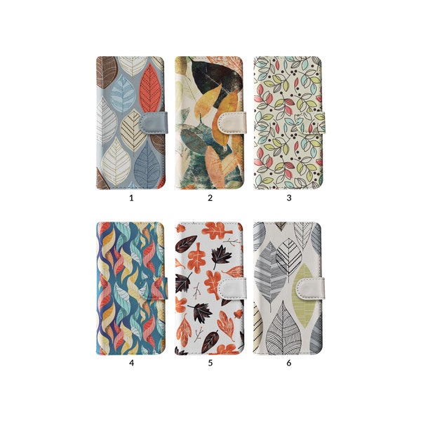 Wallet Flip Phone Case with Card Holder for iPhone 15 14 13 12 11 XR 8 SE Samsung S20 S10 S9 S8 Dry Autumn Fall Maple Leaves Pattern