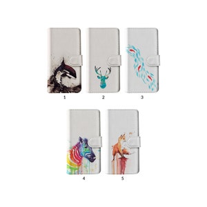 Capa tipo carteira com flip e porta-cartões para iPhone 15, 14, 13, 12 SE 11, Samsung S20, S10, animais, baleia, raposa vermelha, koi, peixe, coruja, zebra, arco-íris, veado