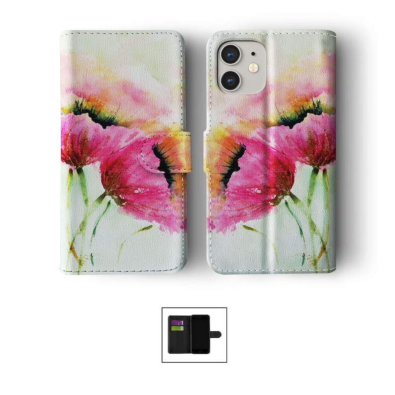 Étui portefeuille à rabat avec porte-cartes pour iPhone 15 14 13 12 11 Samsung S20 S10 S9 Floral fleurs colorées rose coquelicot aquarelle fleur 07