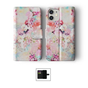 Étui portefeuille pour téléphone à rabat avec porte-cartes pour iPhone 15 14 13 11 Samsung S20 S10 fleurs colorées aquarelle fleurs de cerisier tournesols 02