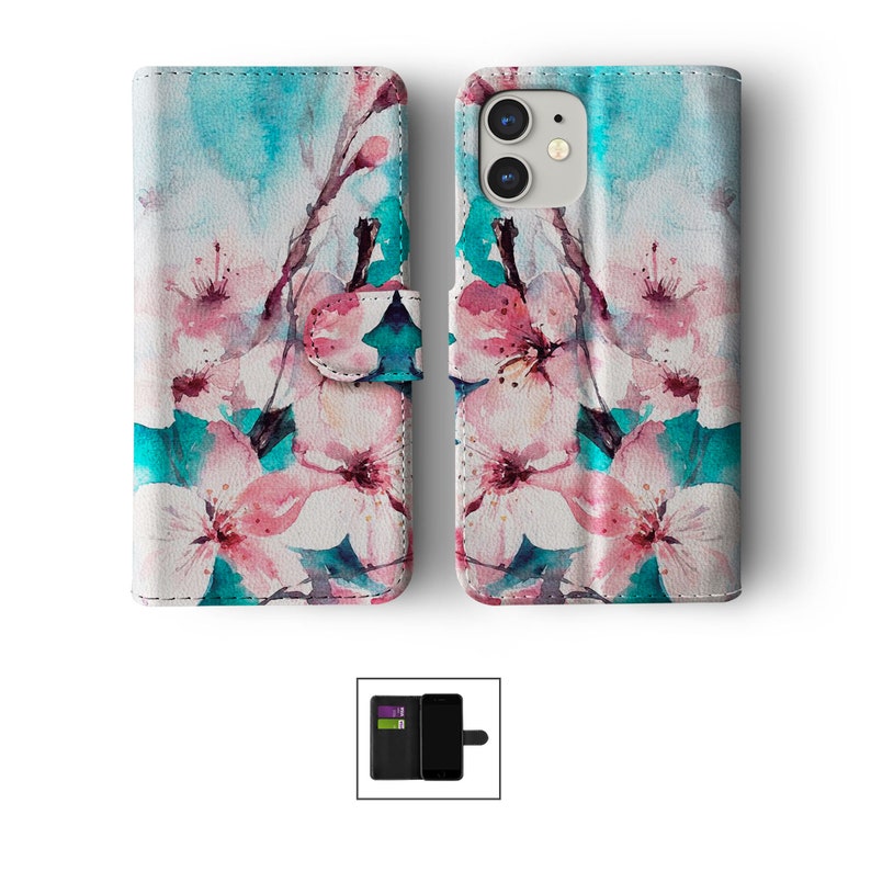 Étui portefeuille pour téléphone à rabat avec porte-cartes pour iPhone 15 14 13 11 Samsung S20 S10 fleurs colorées aquarelle fleurs de cerisier tournesols image 4