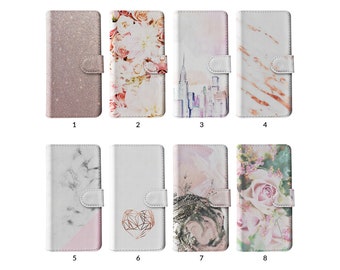 Étui portefeuille avec porte-cartes pour iPhone 15 14 13 12 11 Samsung S20 S10 S9 or rose gris floral chic paysage urbain coeur