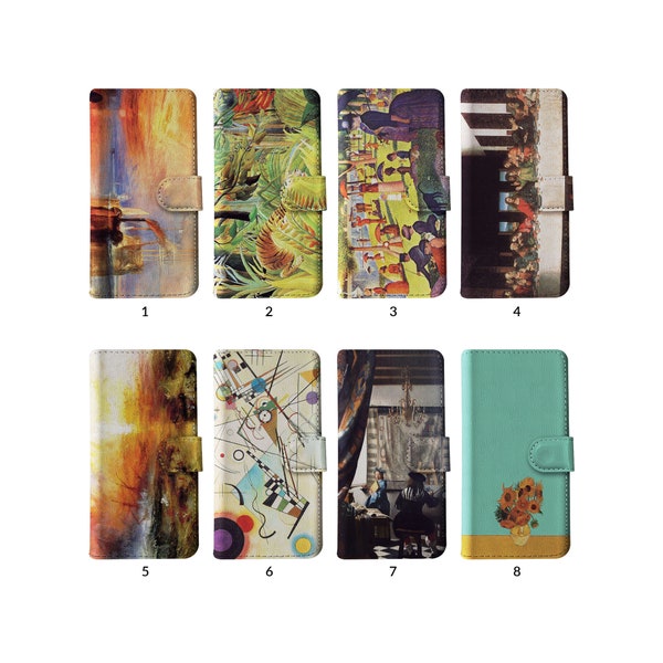 Étui portefeuille à rabat avec porte-cartes pour iPhone 15 14 13 12 11 Samsung S20 S10 oeuvres d'art classiques peintures Vermeer Van Gogh Da Vinci Turner