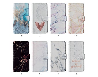 Étui portefeuille à rabat avec porte-cartes pour iPhone 15 14 13 12 11 XR 8 SE Samsung S20 S10 S9 S8 tendance marbre pierre or rose esthétique