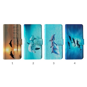 Étui portefeuille à rabat avec porte-cartes pour iPhone 15 14 13 12 11 Samsung S20 S10 S9 Animal beaux adorables dauphins mer océan