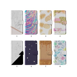 Étui portefeuille pour téléphone à rabat avec porte-cartes pour iPhone 15 14 13 12 11 Samsung S20 S10 étoiles étoilé coloré irisé arc-en-ciel marbre paillettes
