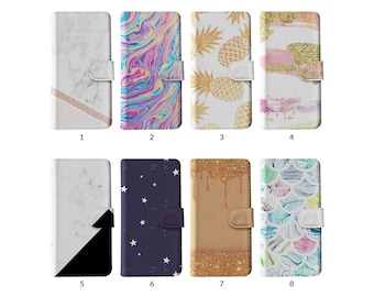 Wallet Flip Phone Case with Card Holder for iPhone 15 14 13 12 11 Samsung S20 S10 Stars Starry Colourful Iridescent Rainbow Marble Glitter