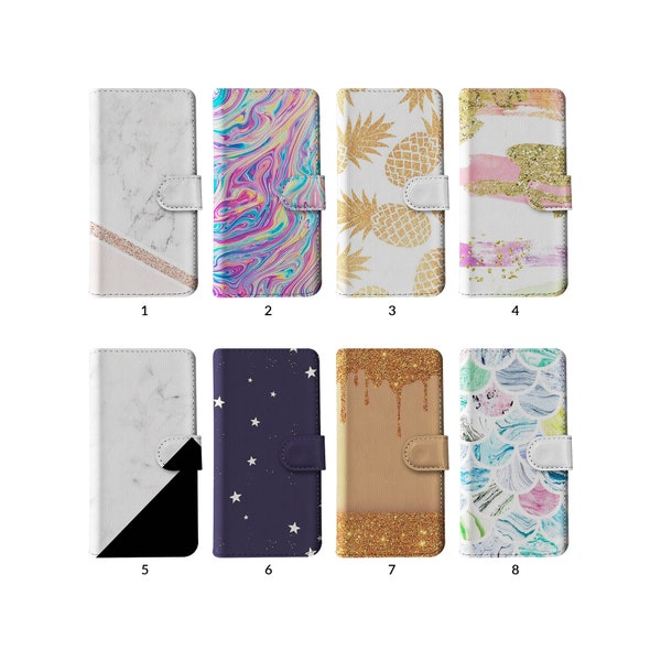 Wallet Flip Phone Case with Card Holder for iPhone 15 14 13 12 11 Samsung S20 S10 Stars Starry Colourful Iridescent Rainbow Marble Glitter