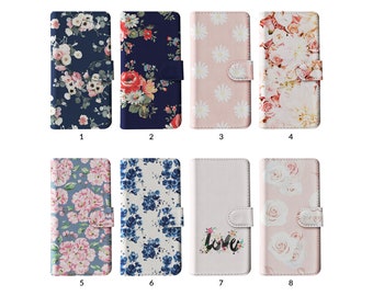 Étui portefeuille à rabat avec porte-cartes pour iPhone 15 14 13 12 11 Samsung S20 S10 S9 Rose marguerite vintage fleurs bleues bouquets